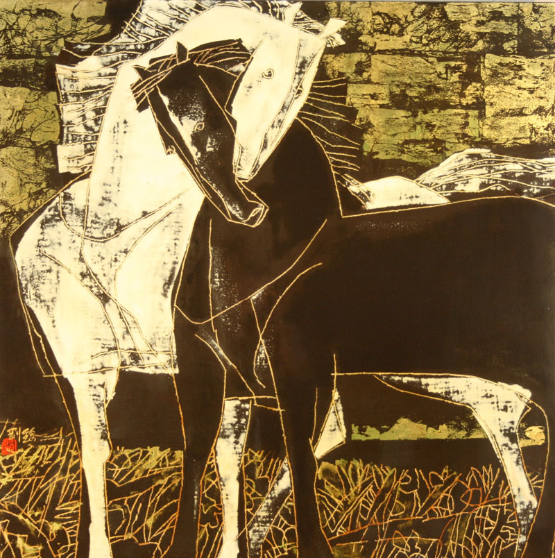 漆画-白马与黑马60X60cm