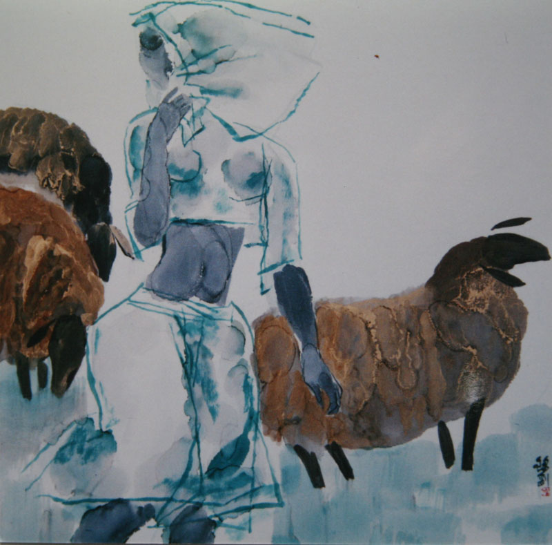 布上漆画-牧羊女56X56cm