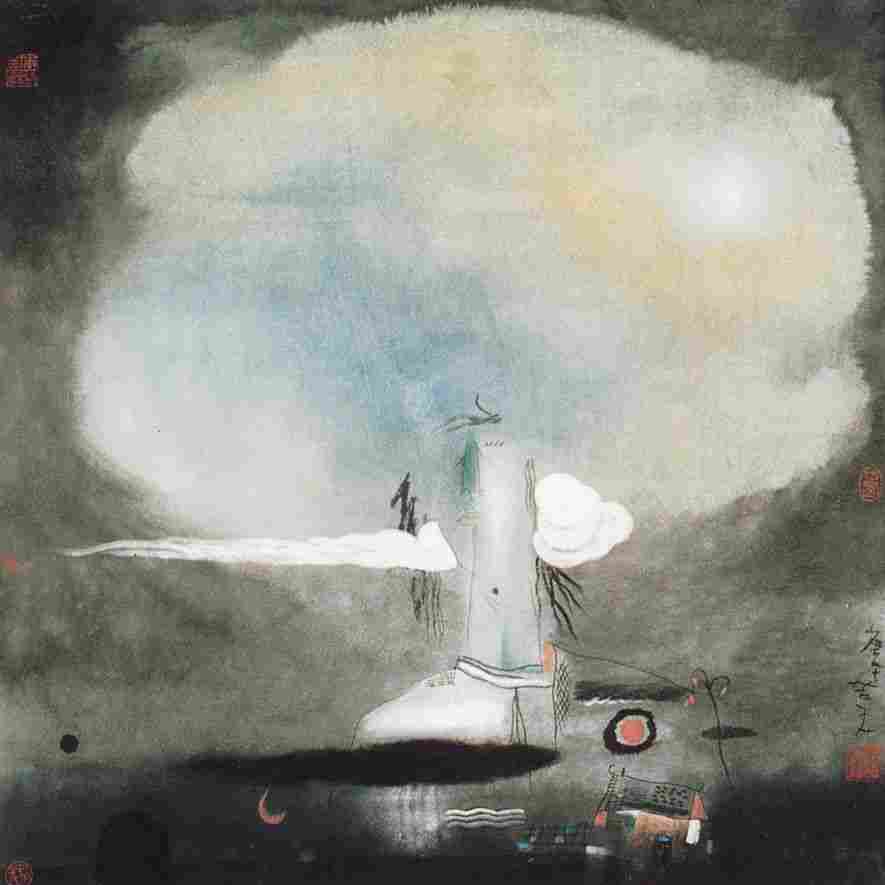 张羽：肖像系列·被白云吻着的自画像，70×70cm，宣纸彩墨，1990