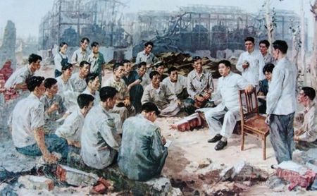 《战争刚结束时在降仙》，油画，崔昌植等集体创作，1961年。选自《国立中央美术博物馆》，朝鲜外国文出版社1964年版。