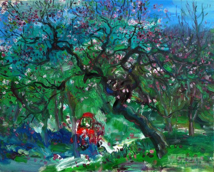 桃花树下的红色拖拉机60×80cm