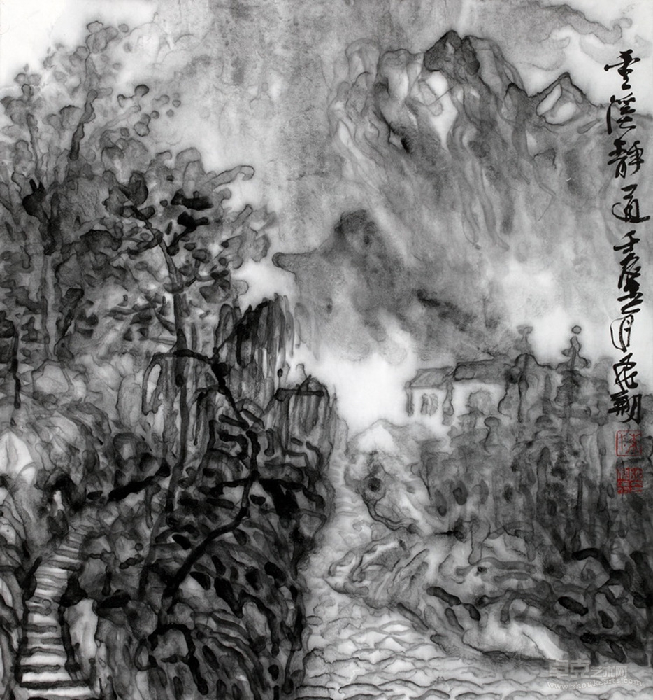 中国画《云溪静道》